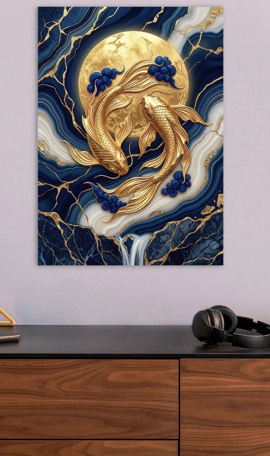 Golden Koi Fish Under a Full Moon — metal poster wall art by Lineer